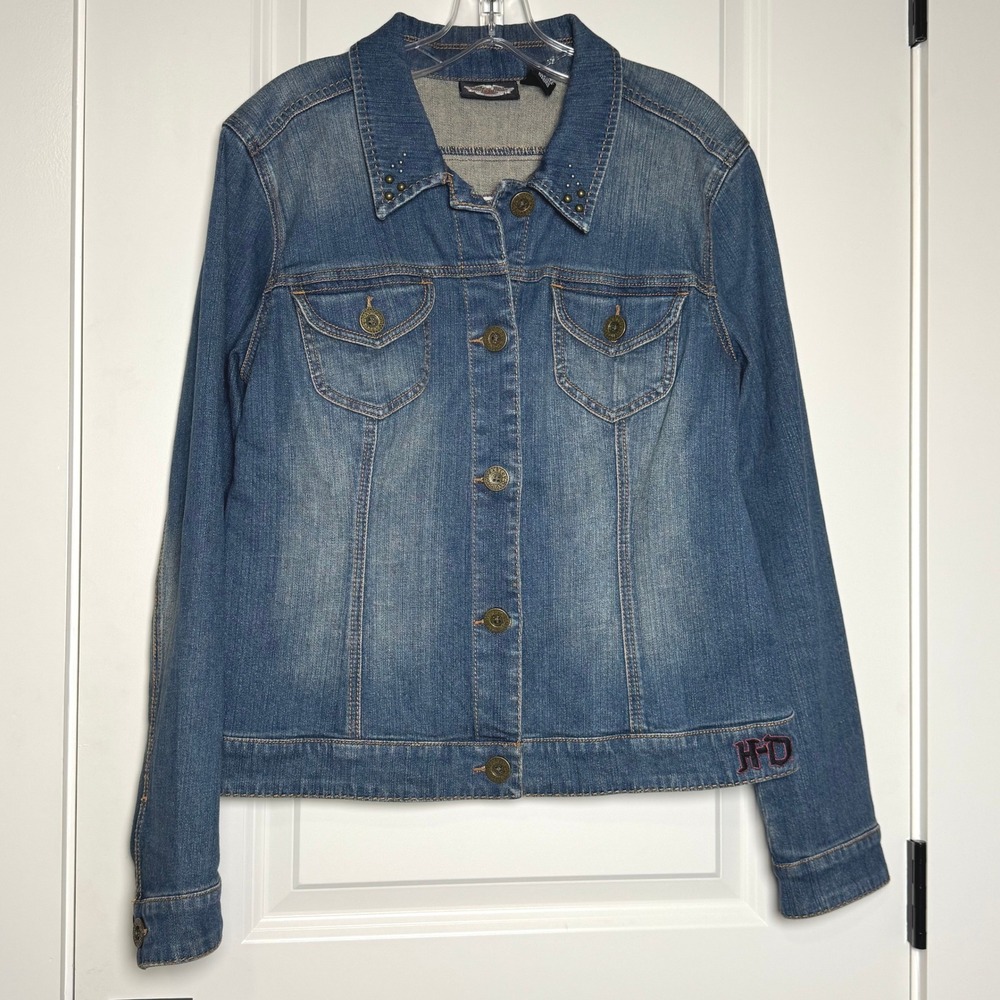 Harley Davidson Womens L Denim Trucker Jacket Studded Embroidered Forever Free
